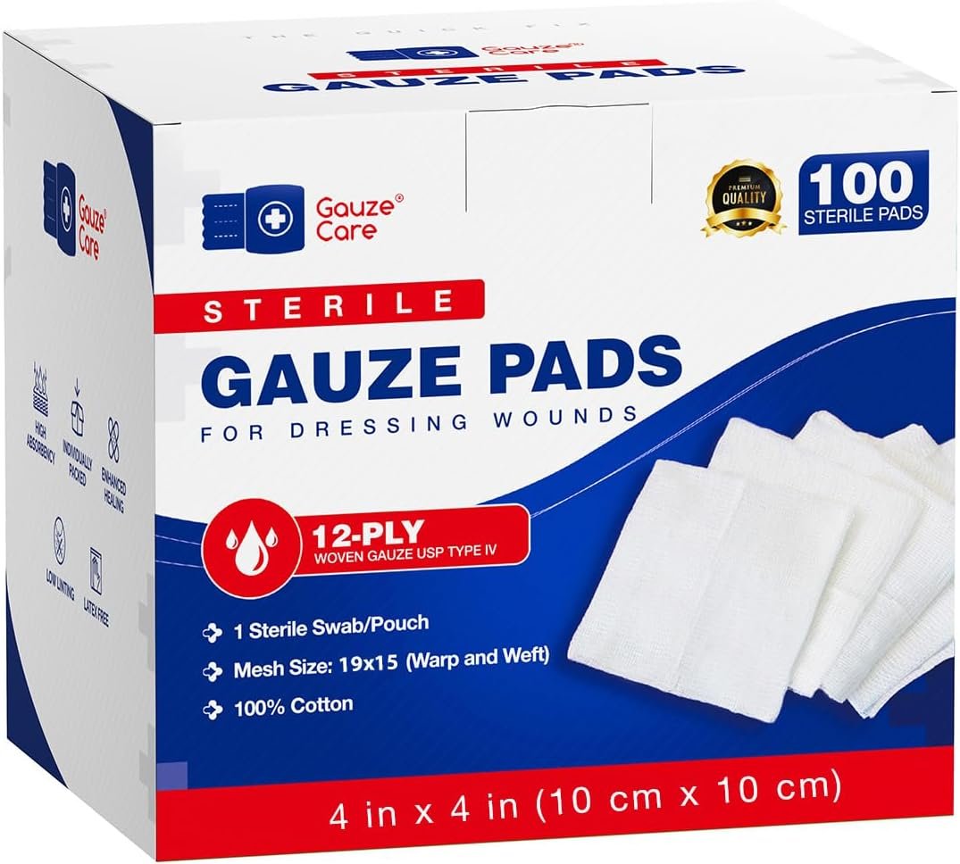 100pc Large Sterile Gauze Pads 4×4 Sterile for Wounds Bulk – 12ply Woven Gauze Sponges 4×4 Sterile – USP IV Breathable Mesh 4×4 Gauze Pads Sterile for Enhanced Absorption – First Aid Medical
