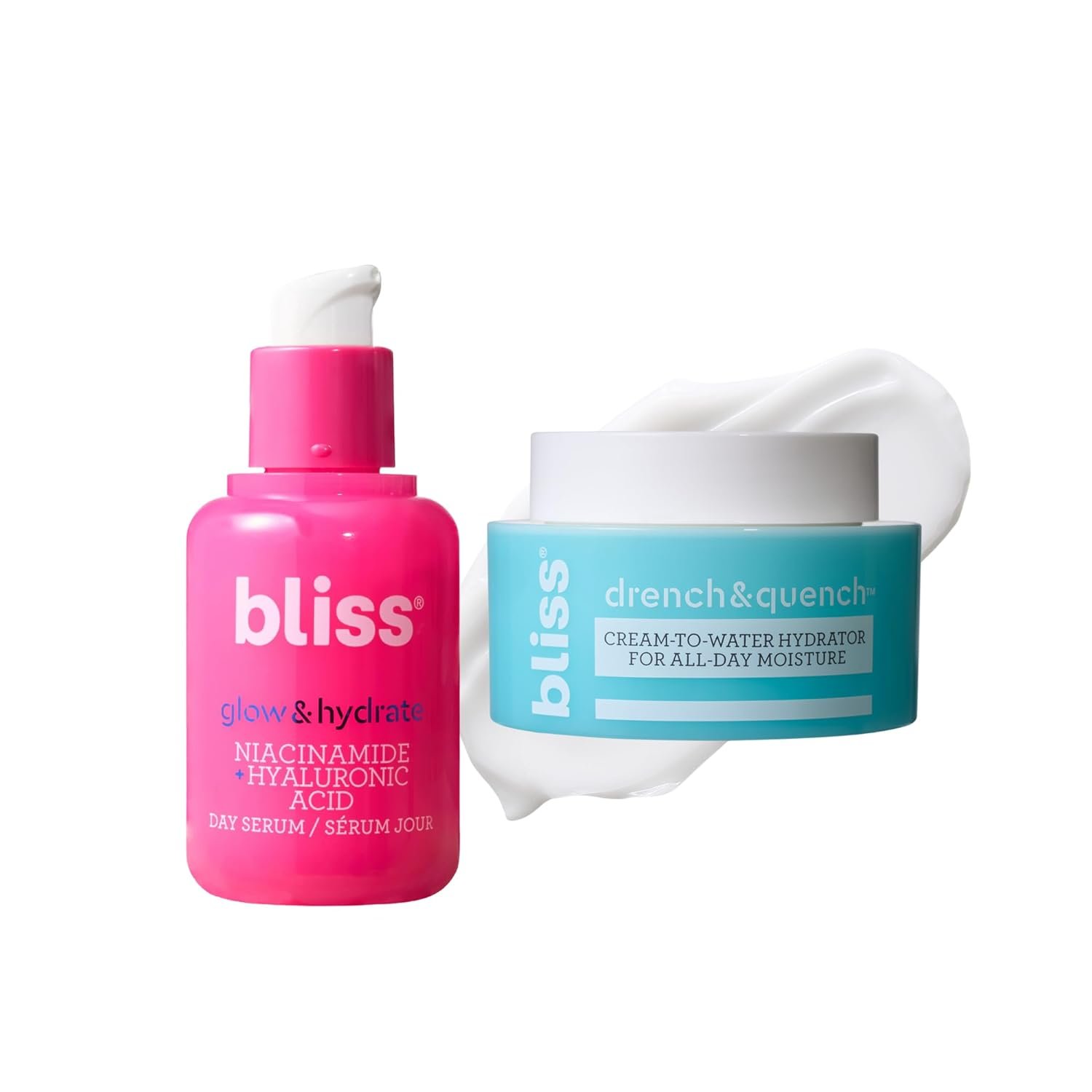 Bliss Hydration Sensations Bestsellers Kit: Glow & Hydrate Serum- Niacinamide + Hylauronic Acid Serum & Drench & Quench Hyluronic Acid Moistuirzer for Face- Cream to Water