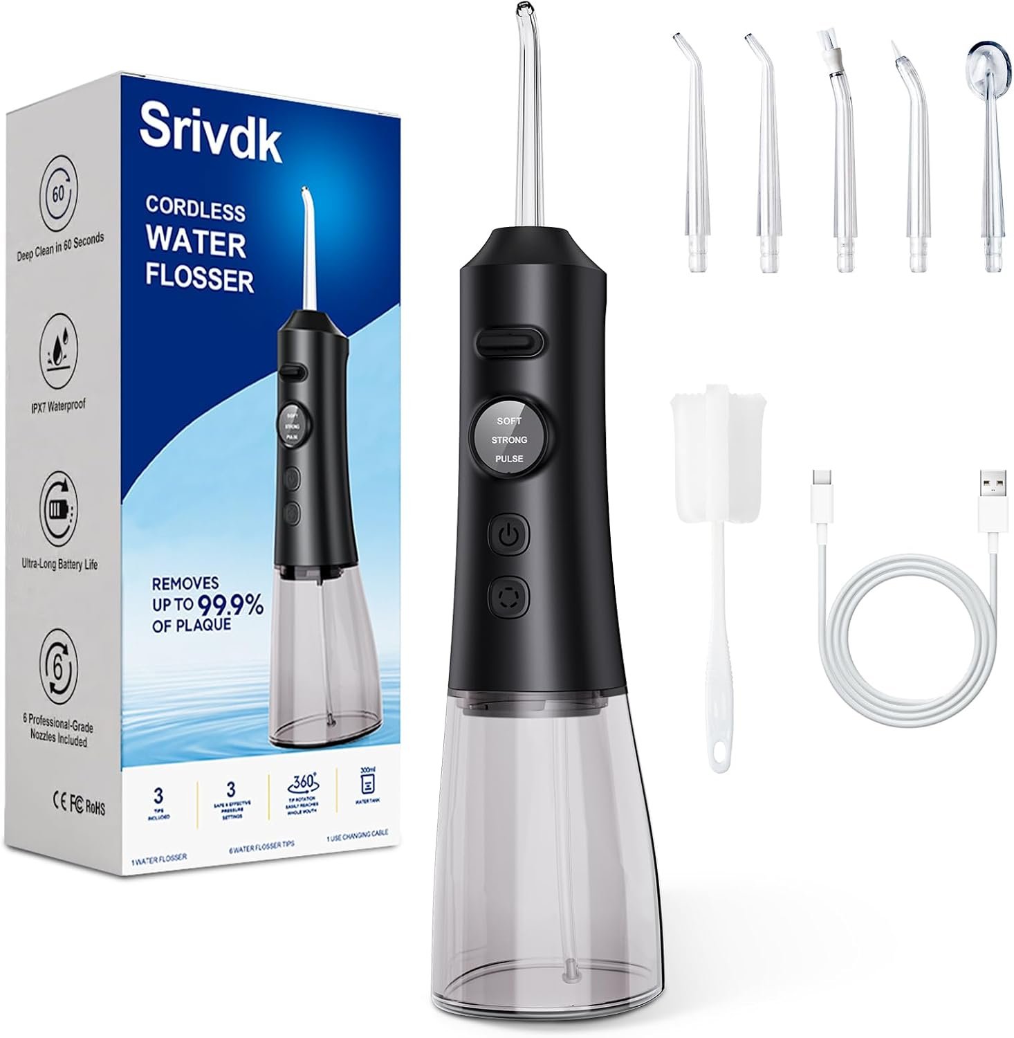 Water Dental Flosser for Teeth – 300ML Cordless Oral Irrigator with 6 Replaceable Jet Tips, 3 Modes, Portable Rechargeable Electric Flosser for Braces & Sensitive Gums, IPX7 Waterproof for Home&Travel