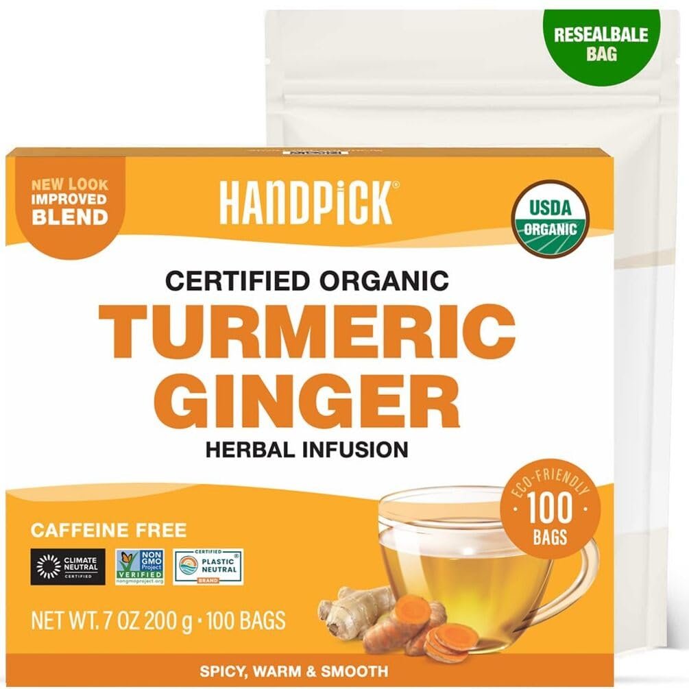 HANDPICK, Organic Turmeric Ginger Tea (100 Tea Bags) | Indian Origin | Caffeine Free, Gluten Free, Non-GMO | Savory & Spicy I Ecofriendly round tea bags