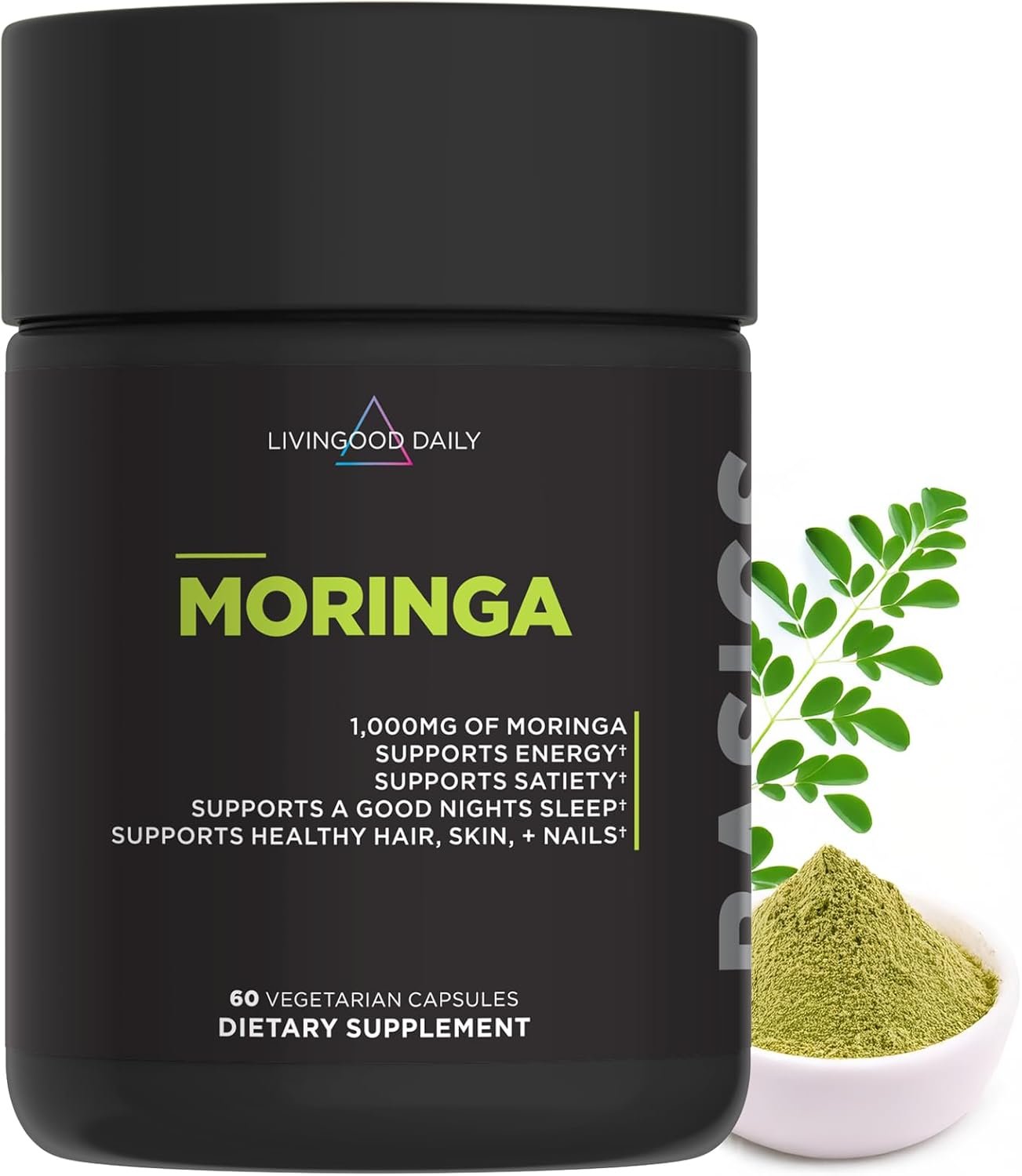 Livingood Daily Moringa Capsules, Moringa Supplement for Energy, Sleep, Satiety, Hair, Skin, Nails & Wellness, Plant Based Vegetarian, Gluten Free, Non GMO, Vegan, Daily Greens Superfood, 60 Capsules