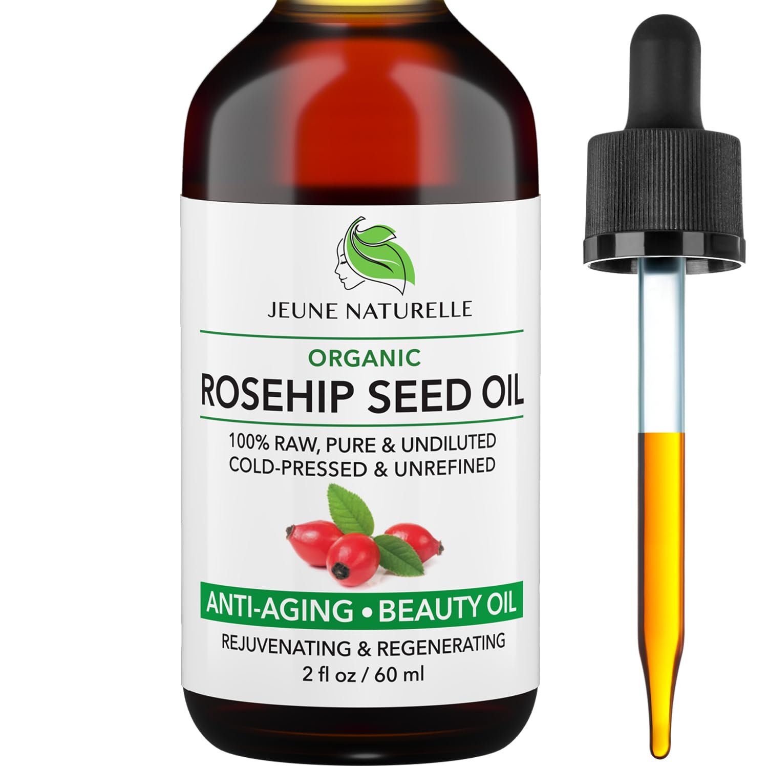 Rosehip Oil – Pure, Virgin, Cold Pressed – From Whole Berries (Pulp & Seeds), Natural Deep Orange Hue for Intensive Skin Repair – Undiluted Organic Rosehip Seed Oil, 2 oz