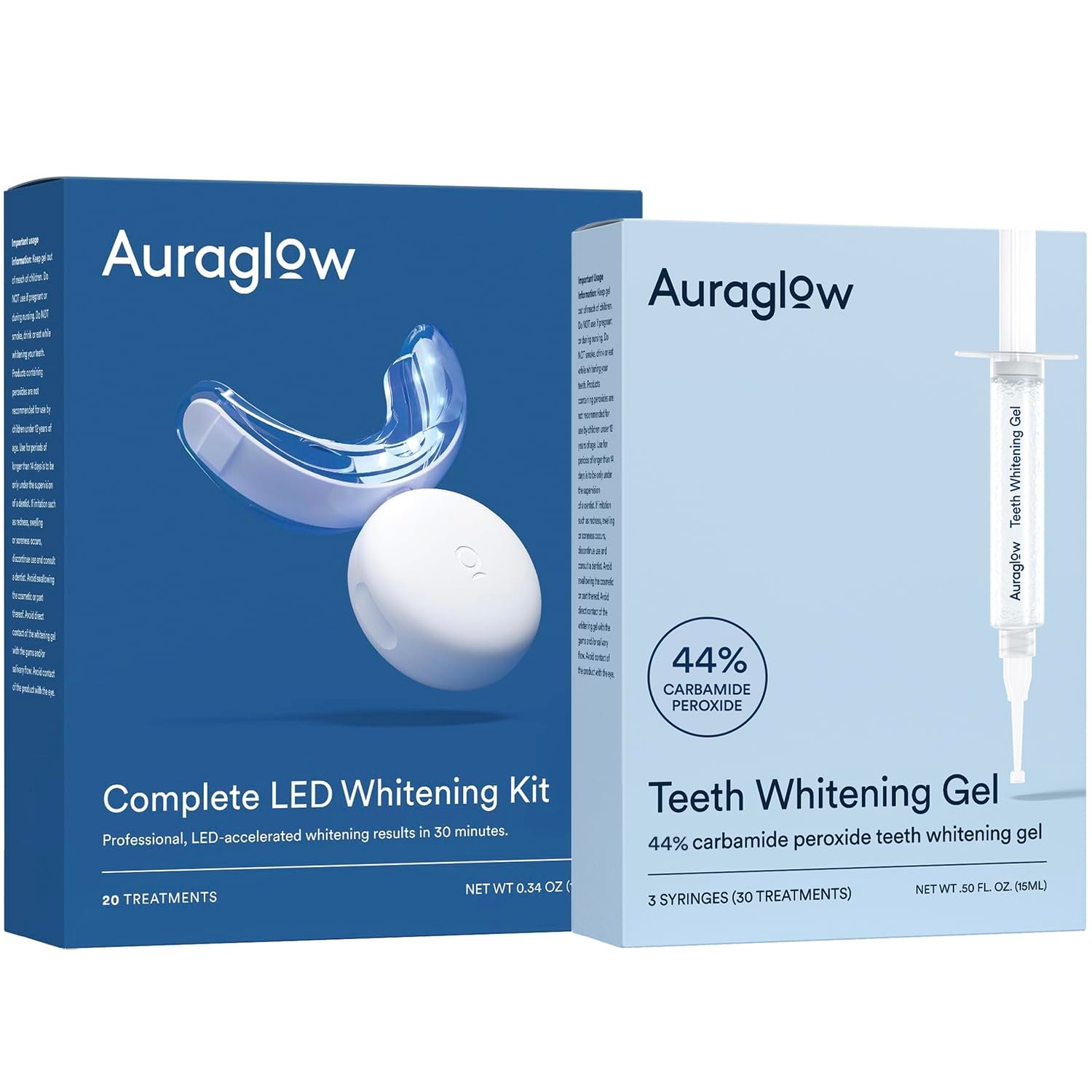 Auraglow Teeth Whitening Kit & 44% Teeth Whitening Gel Refill Pack