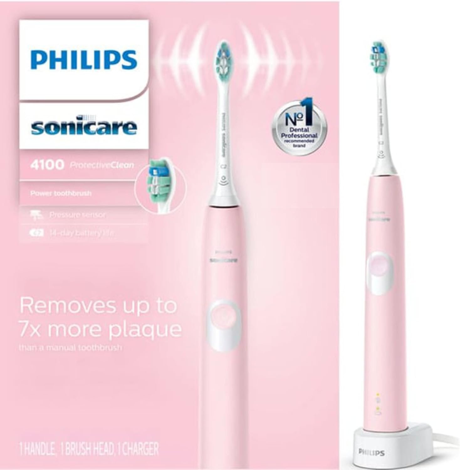 Philips Sonicare ProtectiveClean 4100 Electric Rechargeable Toothbrush, Plaque Control, Pastel Pink, Phi0304, 1.0 Count