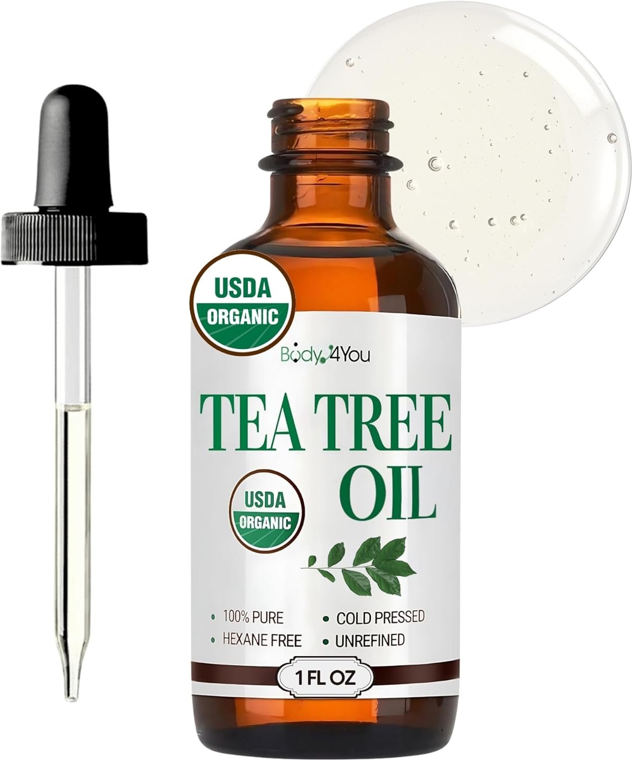 BodyJ4You Pure Tea Tree Oil – 100% Natural USDA Organic Premium Grade Essential Oil – Face Skin Care Healthy Hair Scalp Toenail Piercing Aftercare – Undiluted Non-GMO Aromatherapy DIY Beauty – 1 Fl Oz
