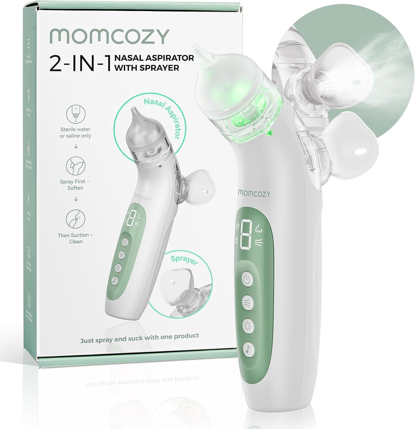 Momcozy BreezyClear™ 2-in-1 Electric Nasal Aspirator for Baby with Spray, 65kPa Hospital-Grade Suction, 4 Adjustable Levels, Quiet & Portable Nose Cleaner with Soothing Light & Music