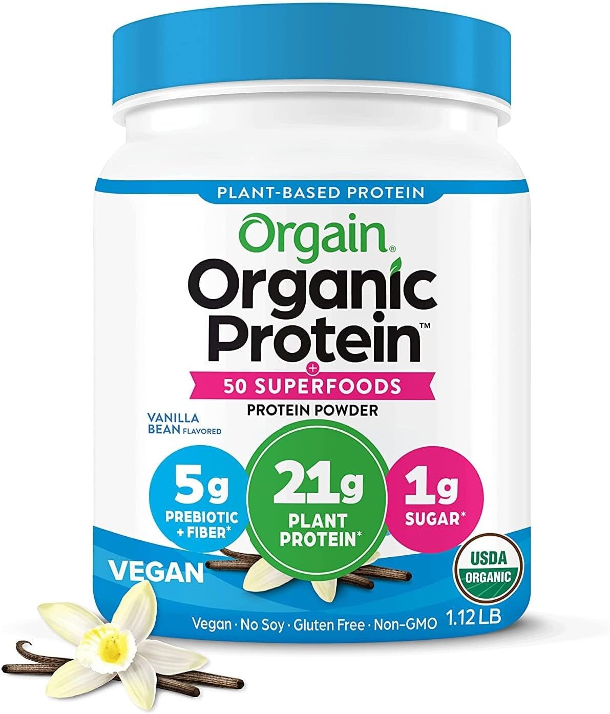 Orgain Organic Vegan Protein + 50 Superfoods Powder, Vanilla Bean – 21g Plant Based Protein, 8g Prebiotic Fiber, No Lactose Ingredients, Gluten Free, No Added Sugar, 1.12 lb (Packaging May Vary)