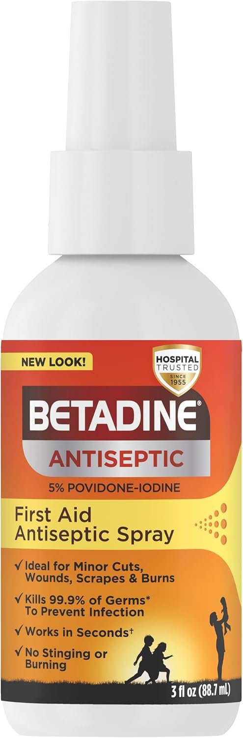 Betadine Antiseptic First Aid Spray, Povidone-iodine 5%, Infection Protection, Kills Germs In Minor Cuts Scrapes And Burns, No Sting Promise, No Alcohol or Hydrogen Peroxide, 3 FL OZ