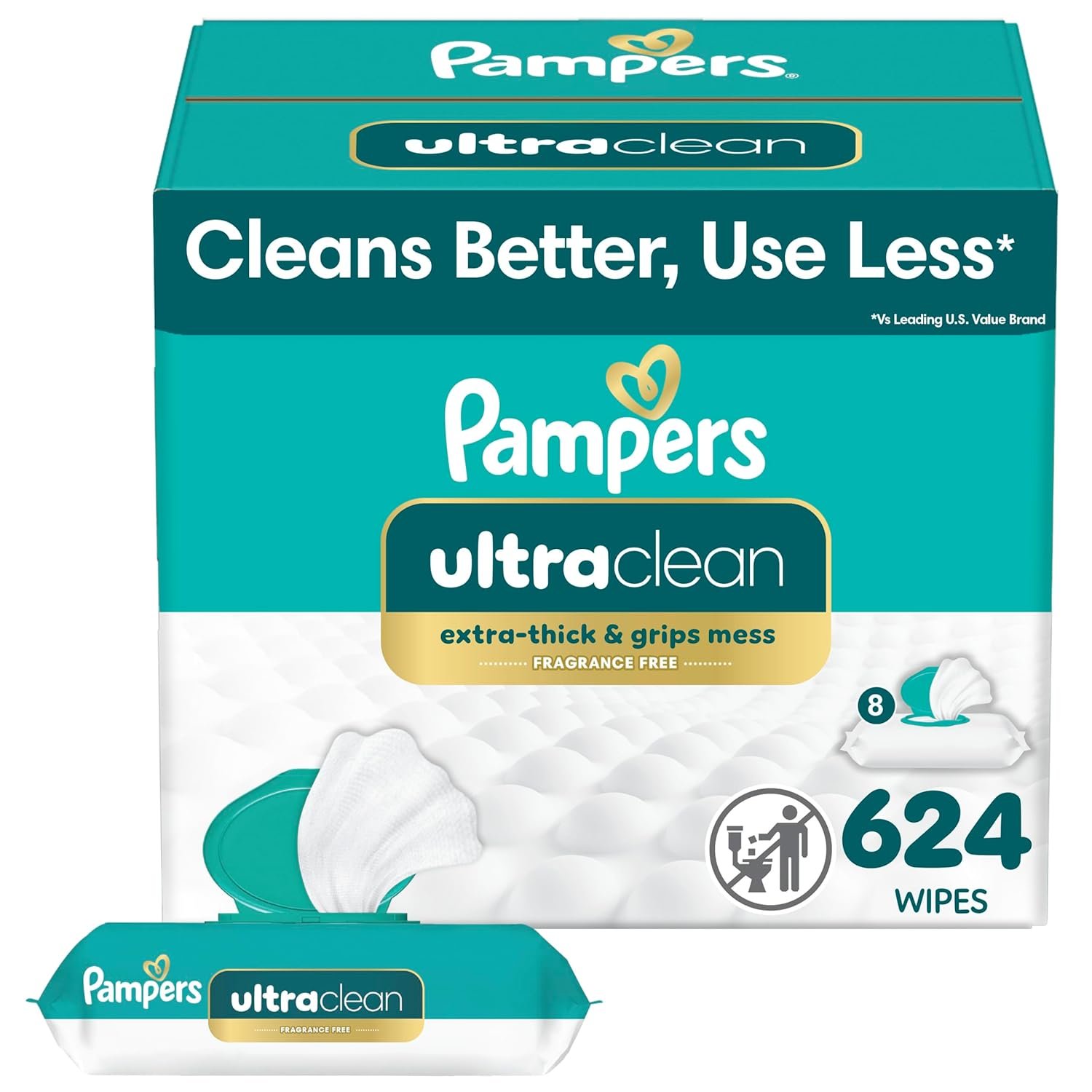 Pampers Ultra Clean Baby Wipes (Previously ‘Free & Gentle’), 99% Water, Hypoallergenic, Unscented, 100% Plant Based, Plastic-Free, 624 Baby Wipes Total (8X Flip-Top Packs) [Packaging May Vary]