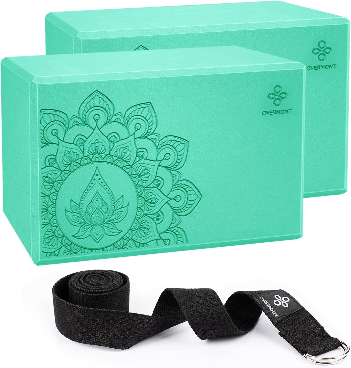 Overmont Yoga Block 2 Pack Supportive Latex-Free EVA Foam Soft Non-Slip Surface for General Fitness Pilates Stretching and Meditation 9″x6″x3″ Yoga Strap Included