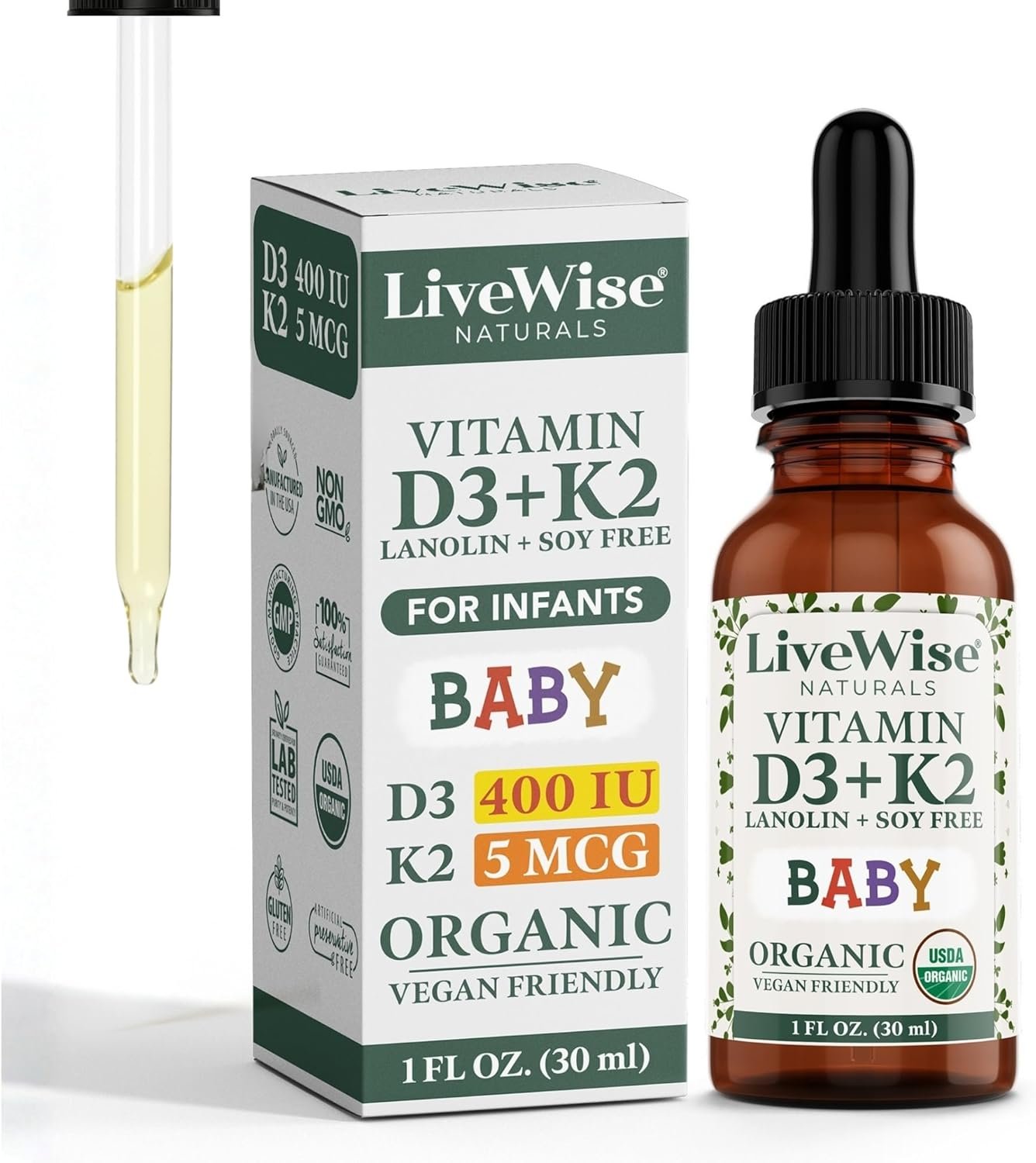 Vitamin D3+K2 Liquid Drops – Organic MCT Oil Formula for Baby – Easy Absorption D3 K2 Supplement for Immune Support & Bone Health 1- Fl Oz