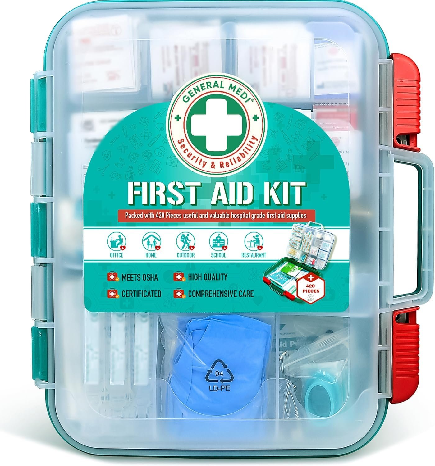 General Medi 420 Pieces Professional First Aid Kit – HardCase First Aid Box – Contains Premium Medical Supplies for Travel, Home, Office, Vehicle, Camping, Workplace & Outdoor