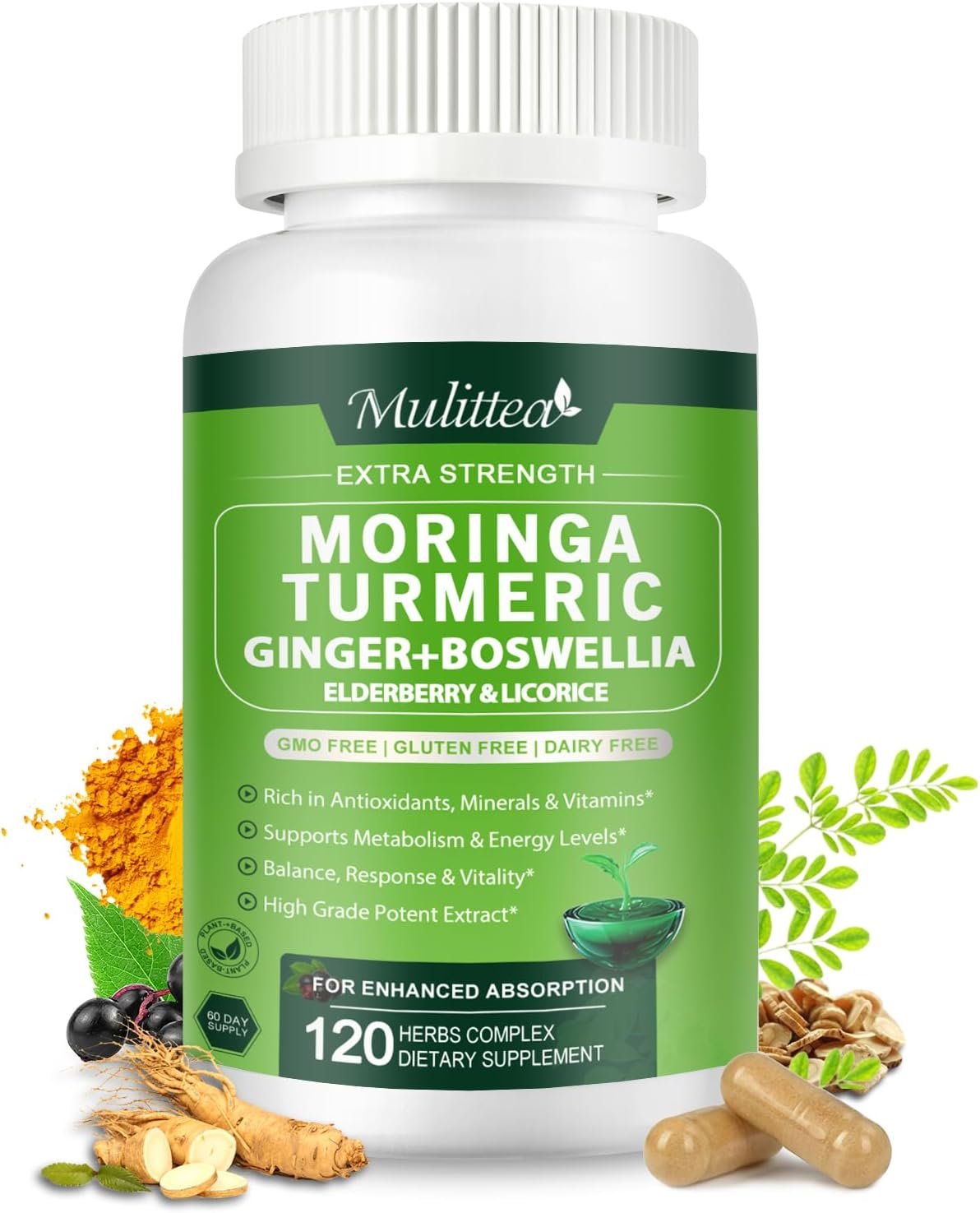 Moringa Capsules Organic 1000mg, 7-in-1 Superfood with Turmeric, Ginger, Elderberry, Licorice & Boswellia – Support Immune, Skin, Gut & Antioxidant-Non-GMO, GMP, 120 Vegan Capsules, 2 Months Supply