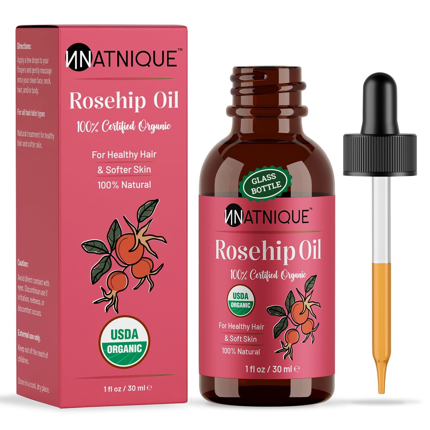 Natnique Organic Rosehip Seed Oil, 1 oz – USDA Certified Cold-Pressed Moisturizer for Face, Skin & Hair – Natural Hydrating Serum for Wrinkles & Fine Lines – Ideal for Gua Sha Massage & Radiant Glow