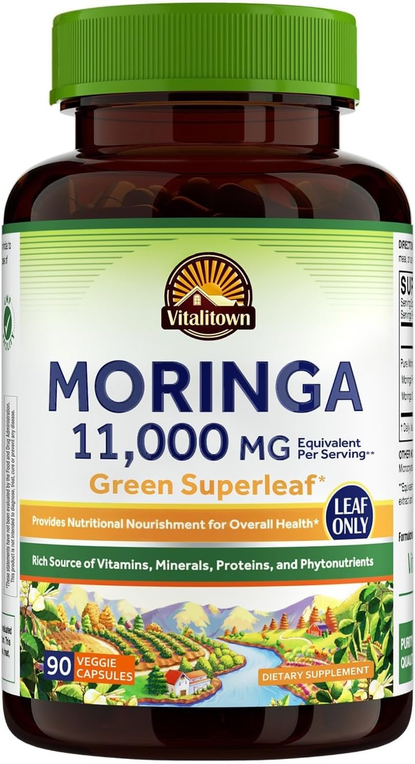 Vitalitown Moringa Capsules 11,000 MG, Pure Moringa Oleifera Leaves, No Sticks, No Caffeine, Energy, Immune, 90 Capsules