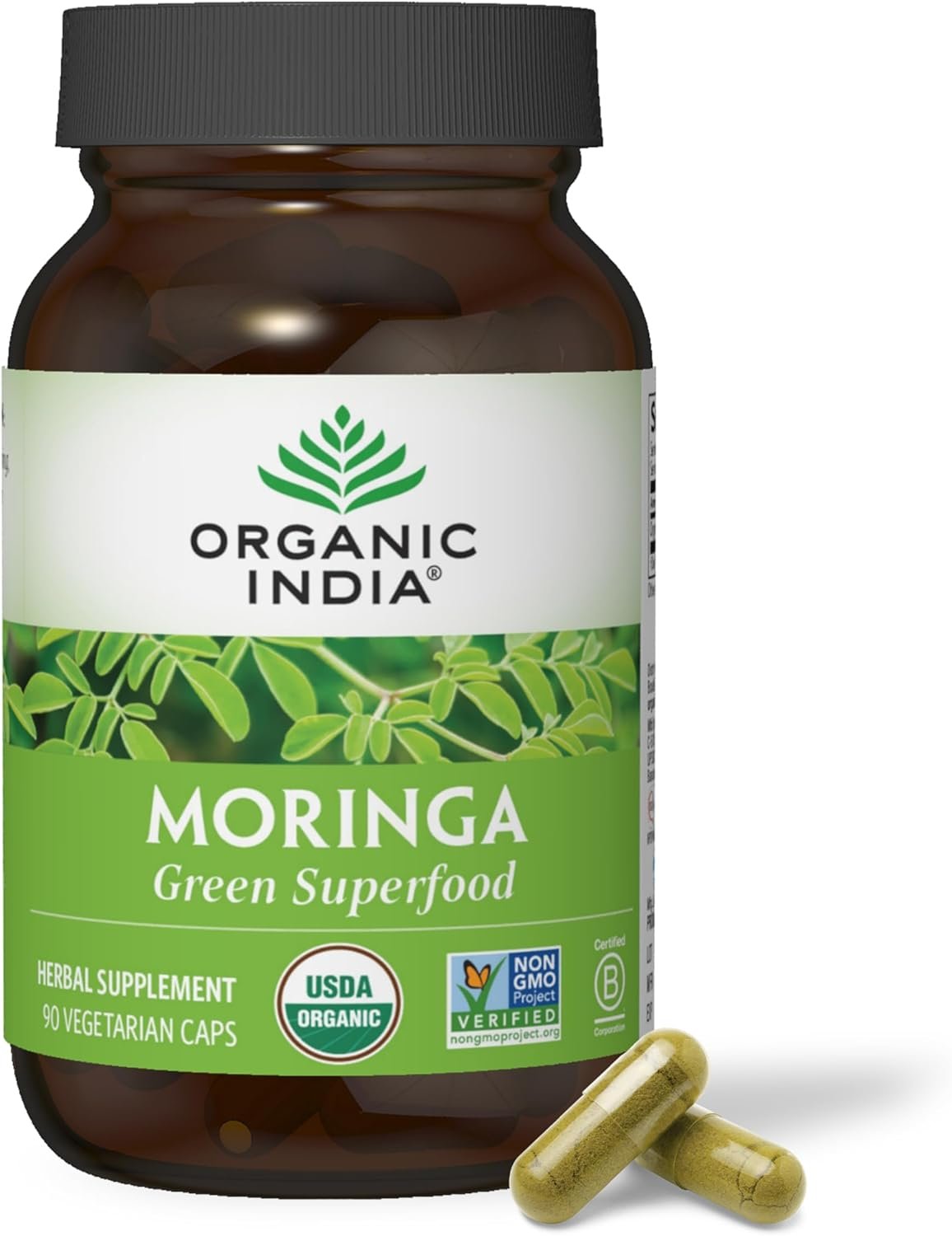 ORGANIC INDIA Moringa Herbal Supplement – Green Superfood, Nutrient Dense, Pure Plant Protein, Vitamin A, E, K, Iron, Calcium, Fiber, Vegan, Gluten-Free, USDA Certified Organic – 90 Capsules
