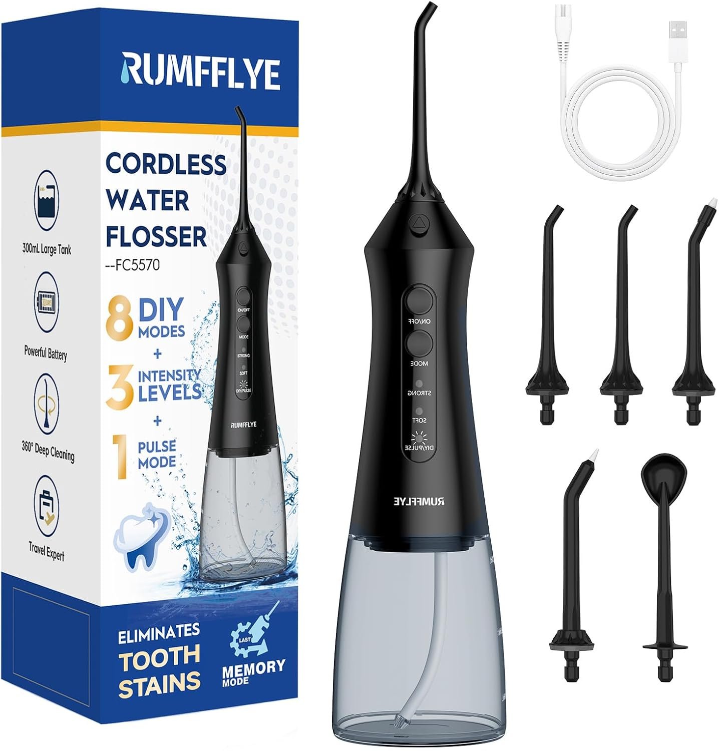 Water Dental Flosser Teeth Pick 300ML Portable Cordless Oral Irrigator for Teeth Cleaning with 4 Modes 5 Jet Tips 12 Pressure Settings USBCharger IPX7 Irrigation Cleaner for Home Travel Black