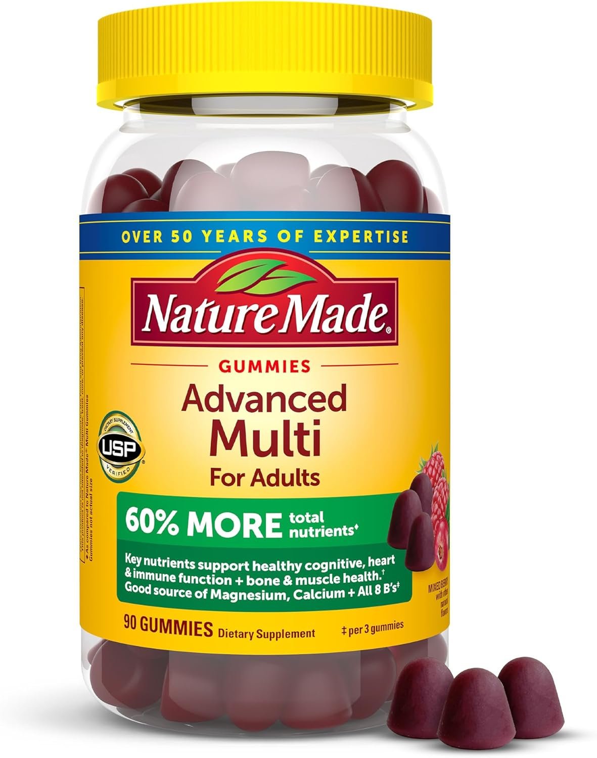 Nature Made Advanced Multivitamin Gummies for Adults, Women’s and Men’s Multivitamin Gummies with Magnesium Citrate, Calcium & B Vitamins, Daily Support, 90 Gummies, 30 Day Supply