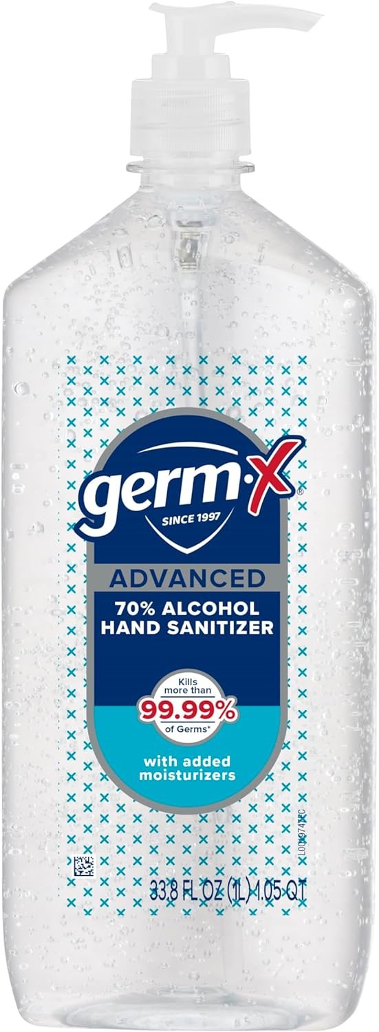 Germ-X Advanced Hand Sanitizer, 34 Fl Oz (1 Liter), Less Drying Moisturizing Clear Gel, No Rinse Formula, Large Family Size Pump Bottle
