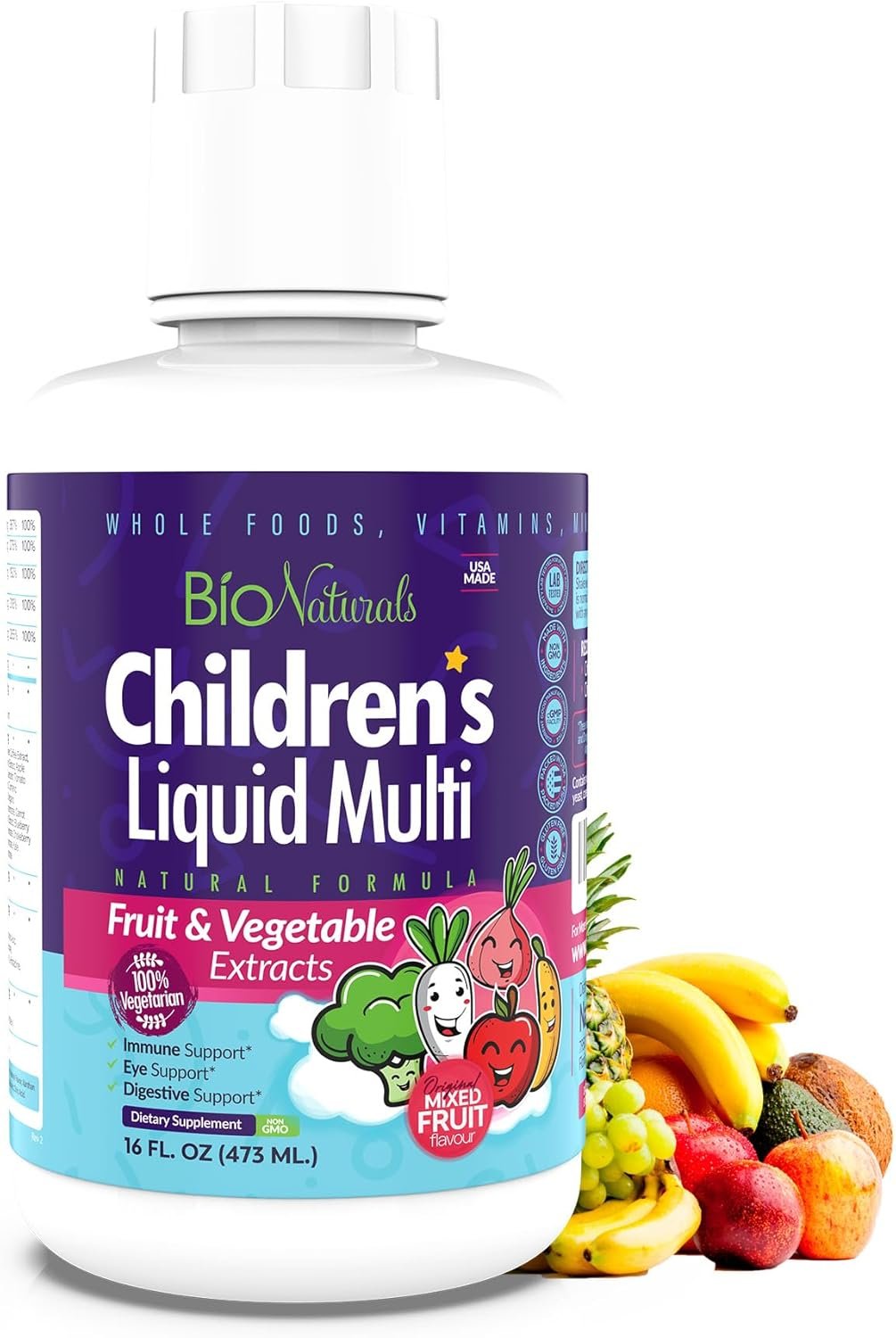 Bio Naturals Children’s Liquid Multivitamin & Immune Booster – Natural Supplement for Kids & Toddlers with Vitamins A B C D3 E, Fiber, Fruits & Vegetables – No GMOs, Gluten, Sugar, Dairy, Soy – 16oz