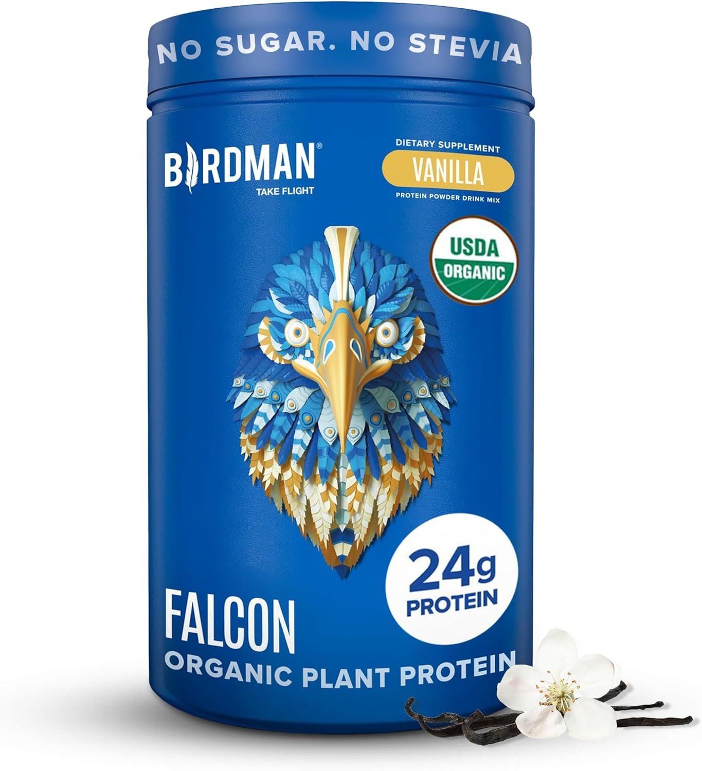 BIRDMAN Falcon Organic Vegan Protein Powder Vanilla, 24g Protein, Sugar Free, Probiotics, Low Carb, Keto Friendly, Dairy Free, Lactose Free, Non Whey, Plant Based Pea Protein Powder – 18 Servings