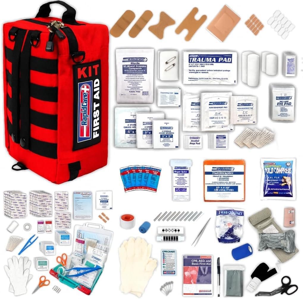 Rapid Care First Aid Kit – 300+ Piece Emergency Medical Kit with Bonus 95-Piece Travel Pack – Outdoor, Workplace, and Home Use – Color Coded & Labeled for Quick Access
