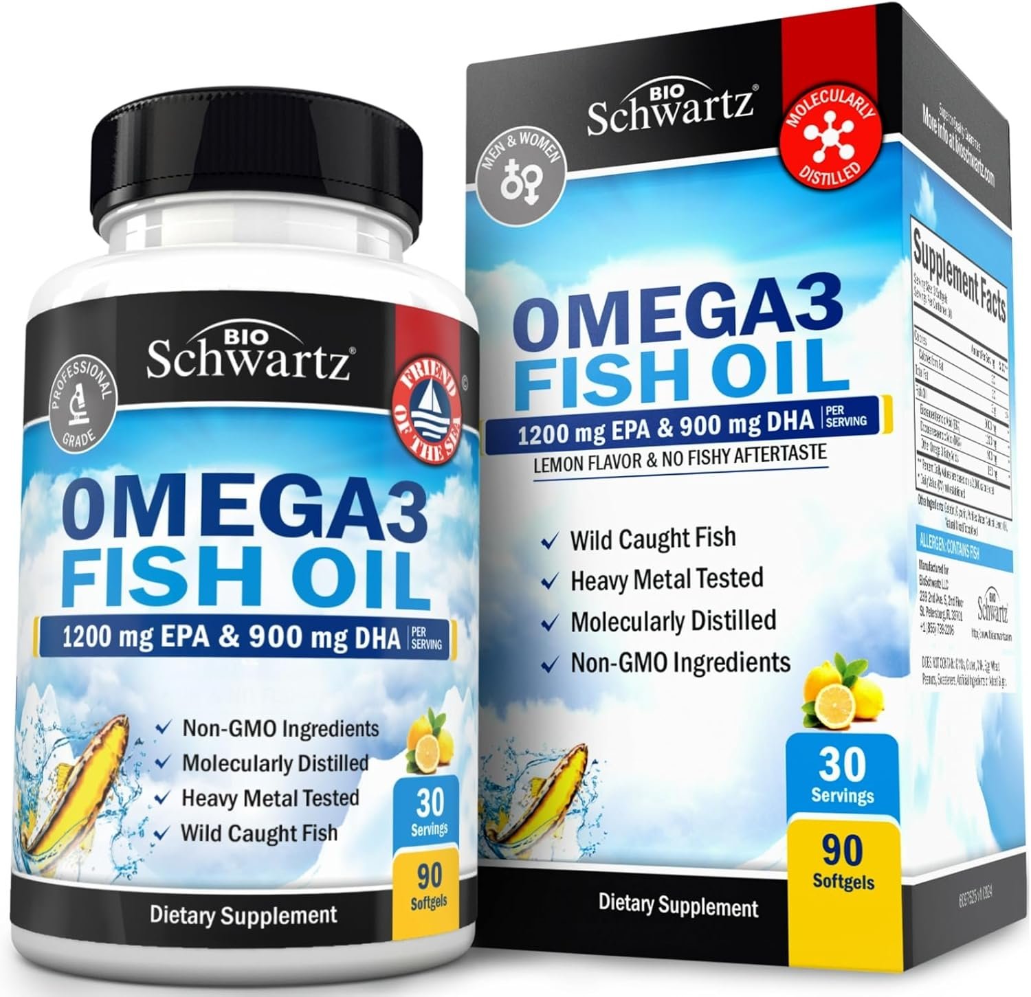 Triple Strength Omega 3 Fish Oil Supplement – 2250mg EPA DHA Omega 3 Fatty Acids from Fresh Wild Caught Fish, Burpless Lemon Flavor Formula Supports Eye Health and More, Gluten Free, 90 Softgels