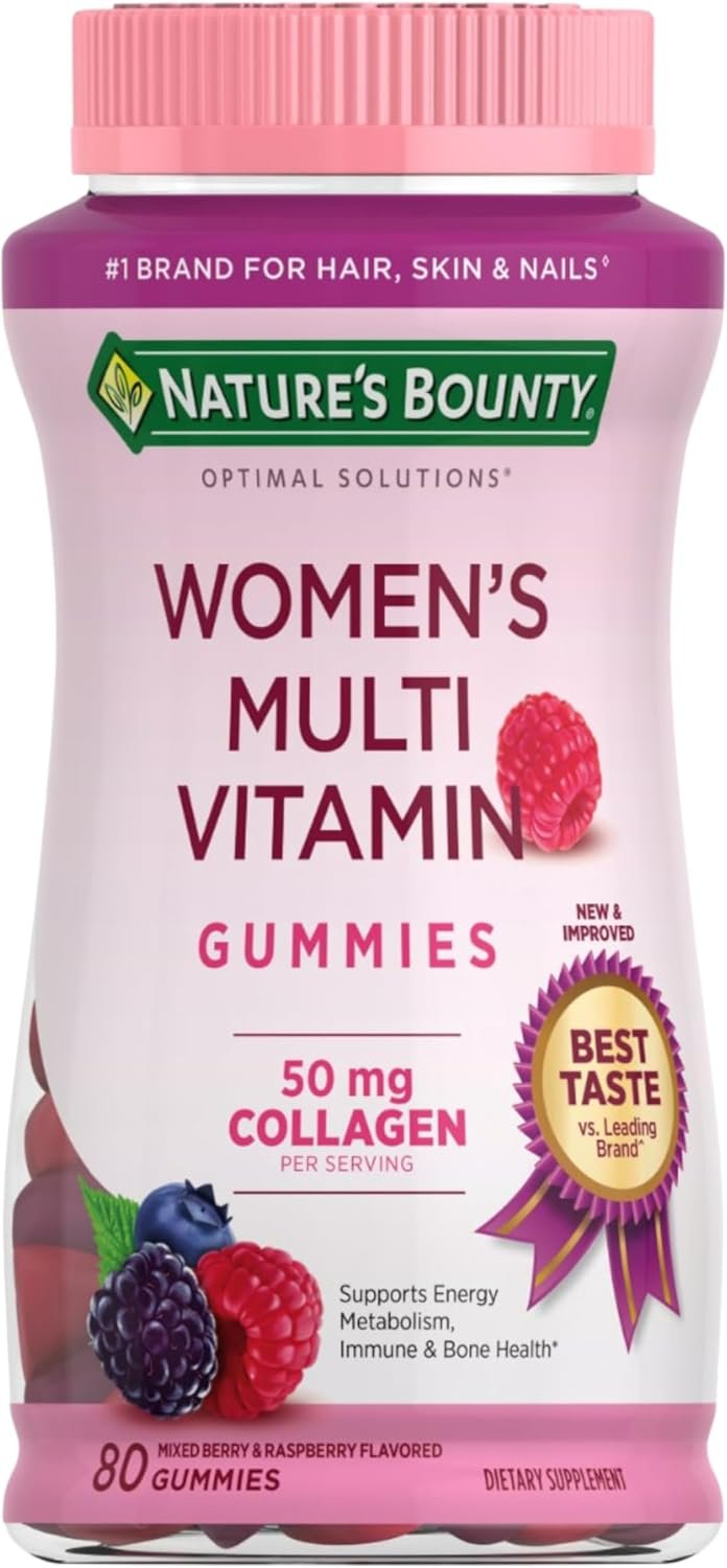Nature’s Bounty Optimal Solutions Women’s Multivitamin, Immune and Cellular Energy Support, Bone Health, Raspberry Flavor, 80 Gummies, 40 Total Servings