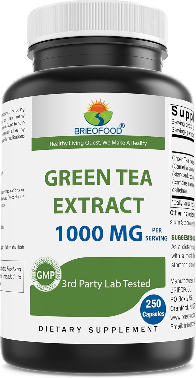 Brieofood Green Tea Extract 1000 mg per Serving (Min 50% Polyphenols) – 250 Capsules – 3rd Party Lab Tested for Purity & Quality