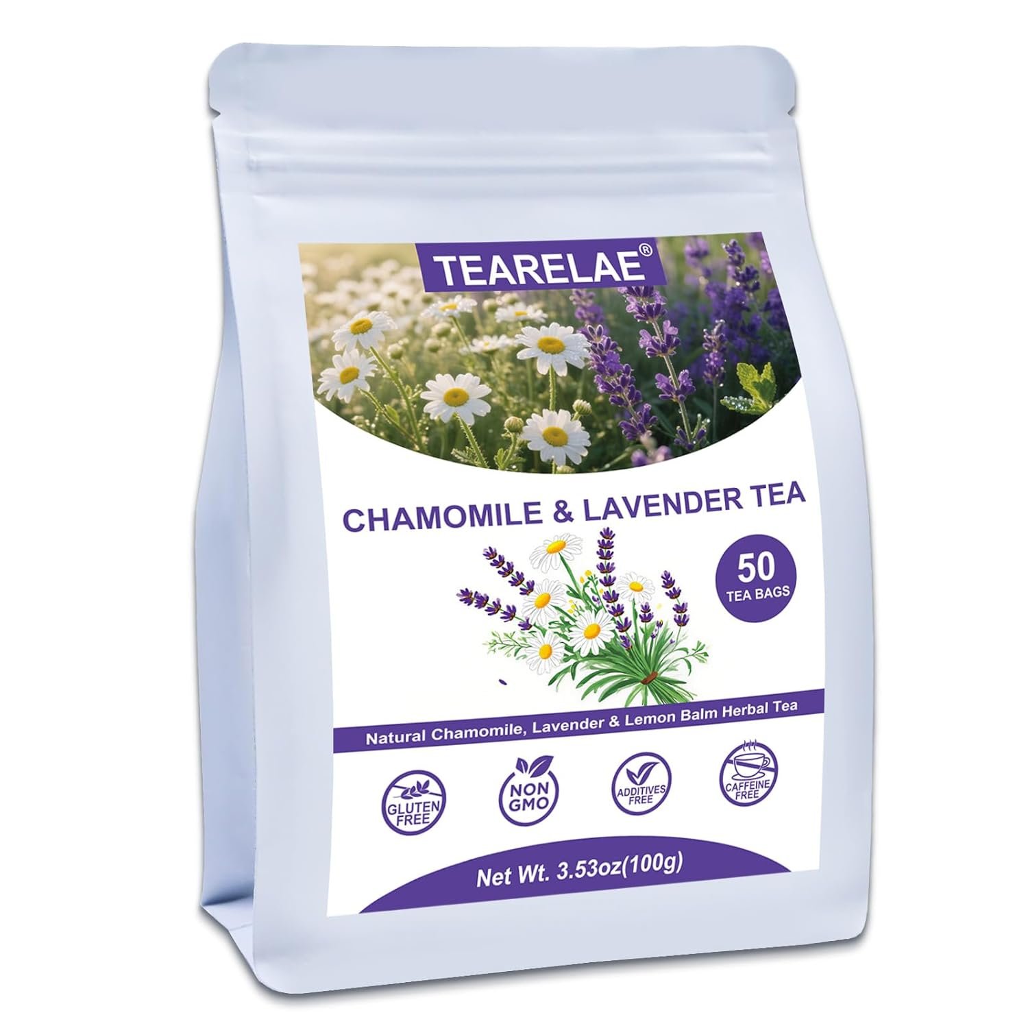 TEARELAE – Chamomile Lavender Tea, 50 Herbal Tea Bags with Lemon Balm for Relaxation & Bedtime – Non-GMO – Caffeine-Free – Floral & Soothing