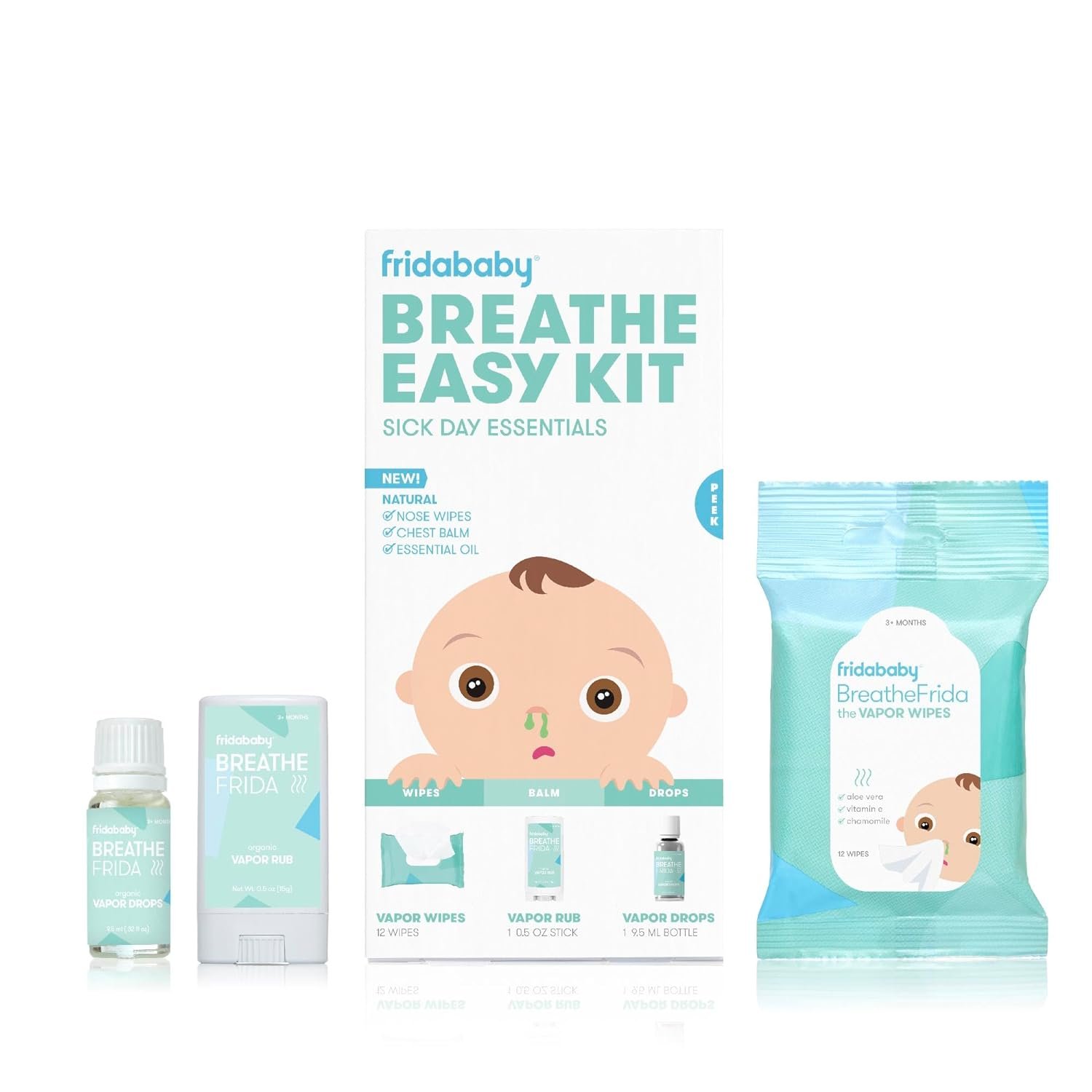 Frida Baby Breathe Easy Kit Sick Day Baby Essentials – 3pc Set Includes Vapor Wipes, Vapor Rub + Organic Vapor Drops to Help Baby Breathe Easy, Natural Baby Congestion Relief