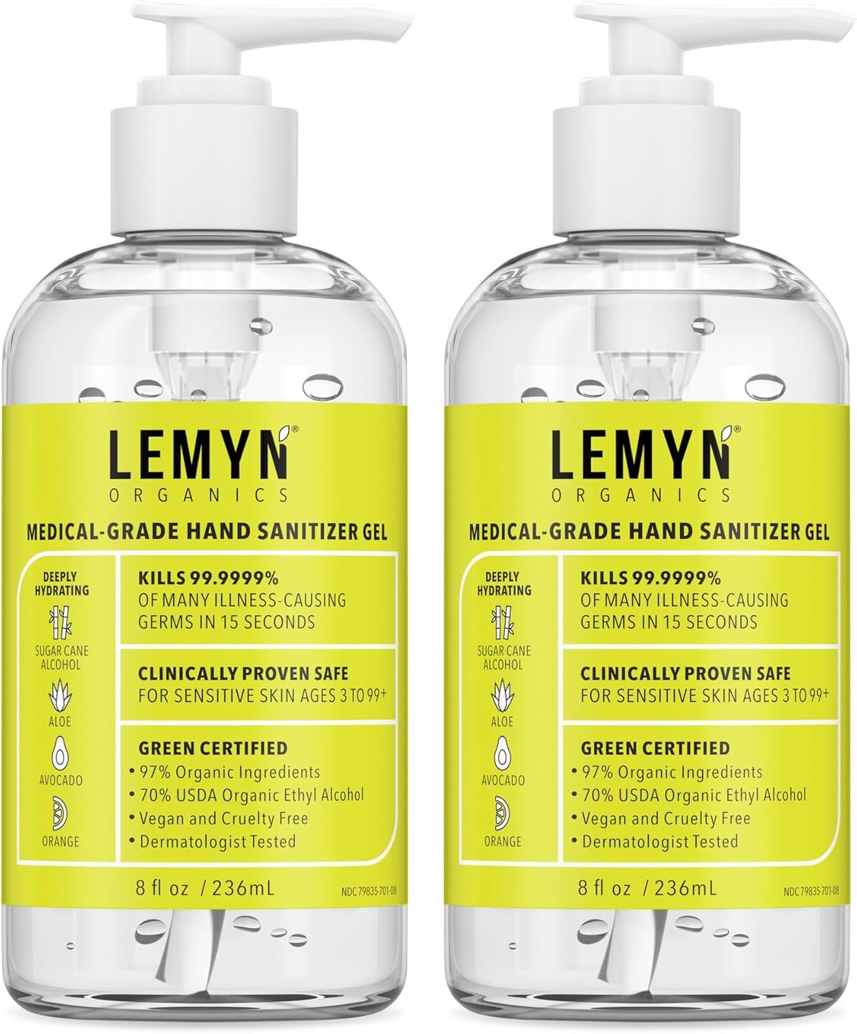 Medical‑Grade Hand Sanitizer Gel – 97 % Organic | 70 % USP Ethyl Alcohol | Moisturizing Aloe + Hyaluronic Acid | Freshly Made in USA | 8oz Bottle with Pump (PACK OF 2)