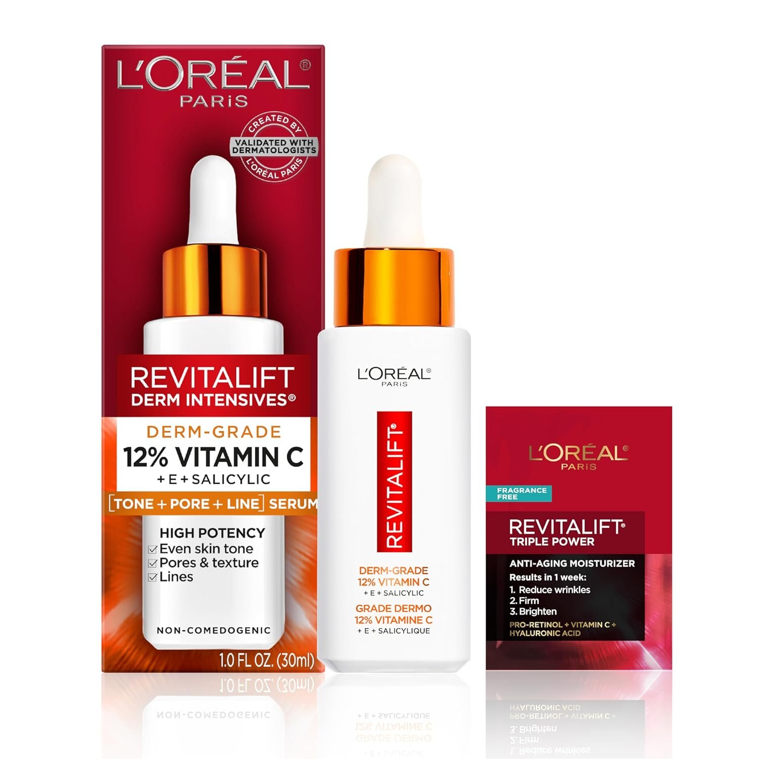 L’Oreal Paris Revitalift 12% Pure Vitamin C Serum, Brightening Serum For Face with Vitamin E, Salicylic Acid, 1 oz + Moisturizer Sample
