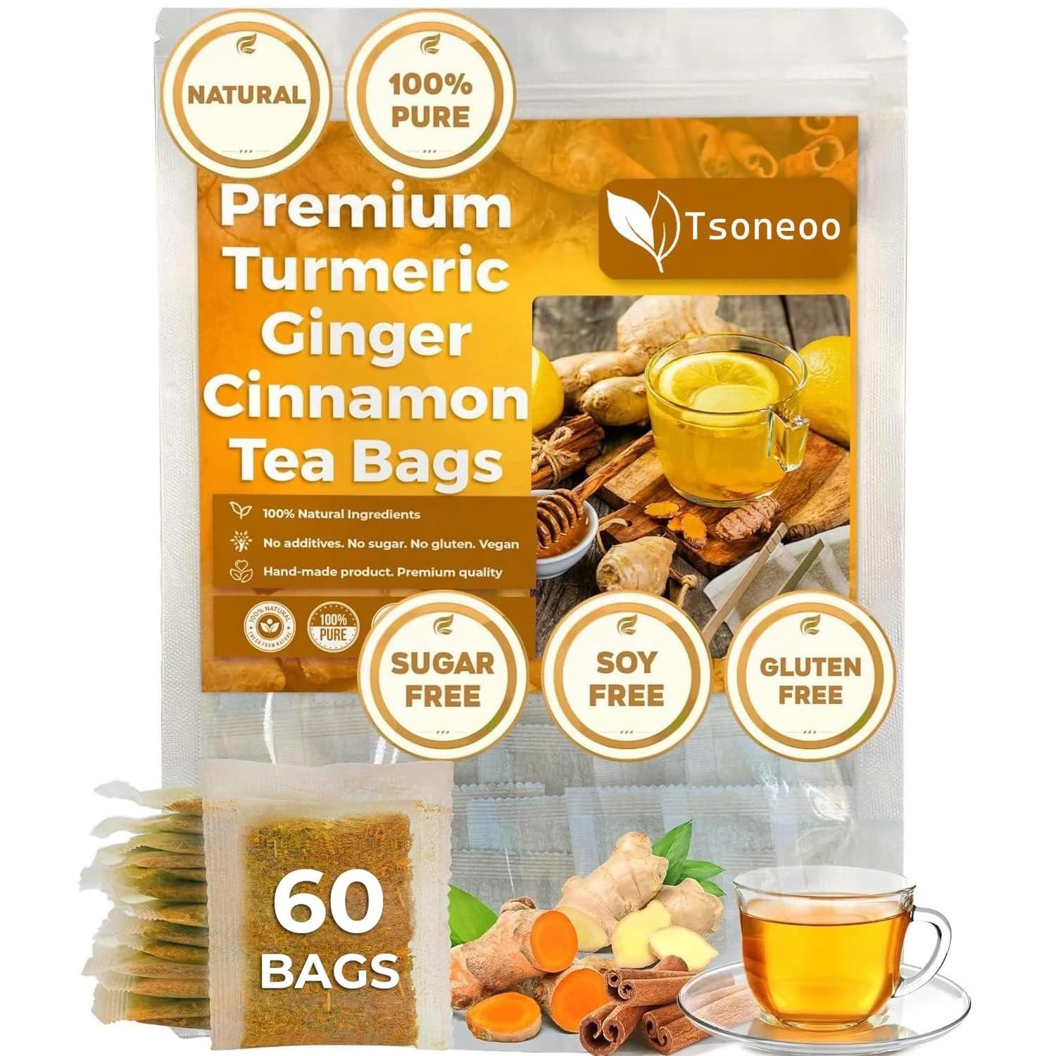 Premium Turmeric, Ginger, Cinnamon Blend Tea Bags, 100% Natural & No Additives & Caffeine Free. (1BOX)