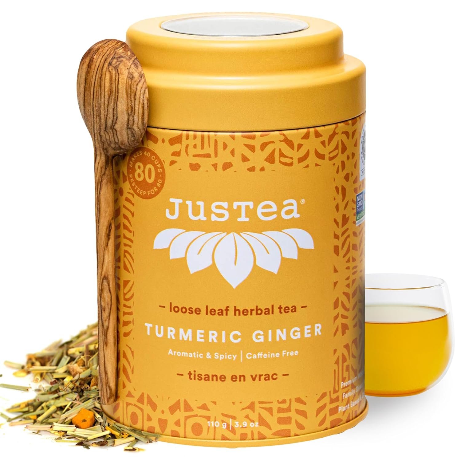 JusTea TURMERIC GINGER | Loose Leaf Herbal Tea | Tin with Hand Carved Tea Spoon | 40+ Cups (3.9oz) | Caffeine Free | Award-Winning | Fair Trade | Non-GMO