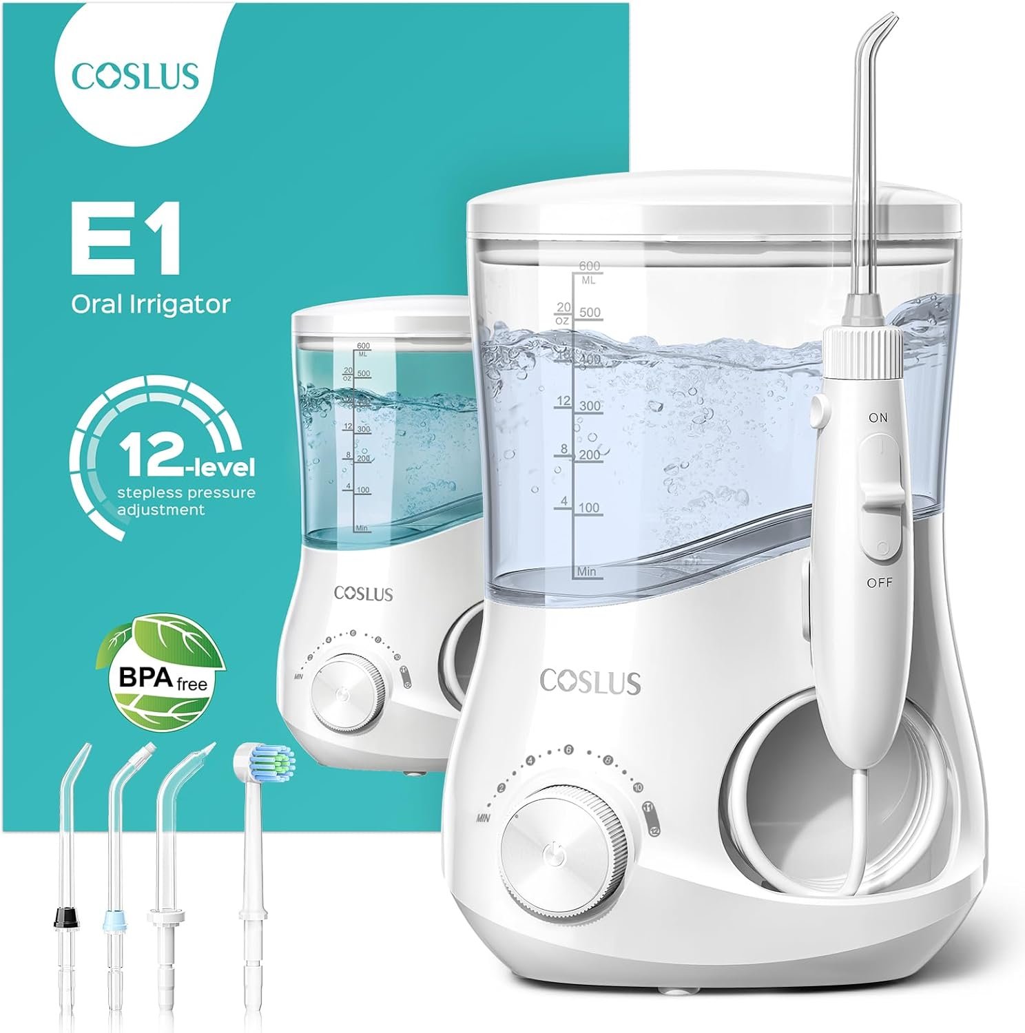 COSLUS Electric Water Flosser for Teeth: Professional Dental Pick for Orthodontic, Sensitive Gums, Braces – 12 Pressure Settings & ​​5 Multi-Functional Tips for Multiple Users, Home Use, White