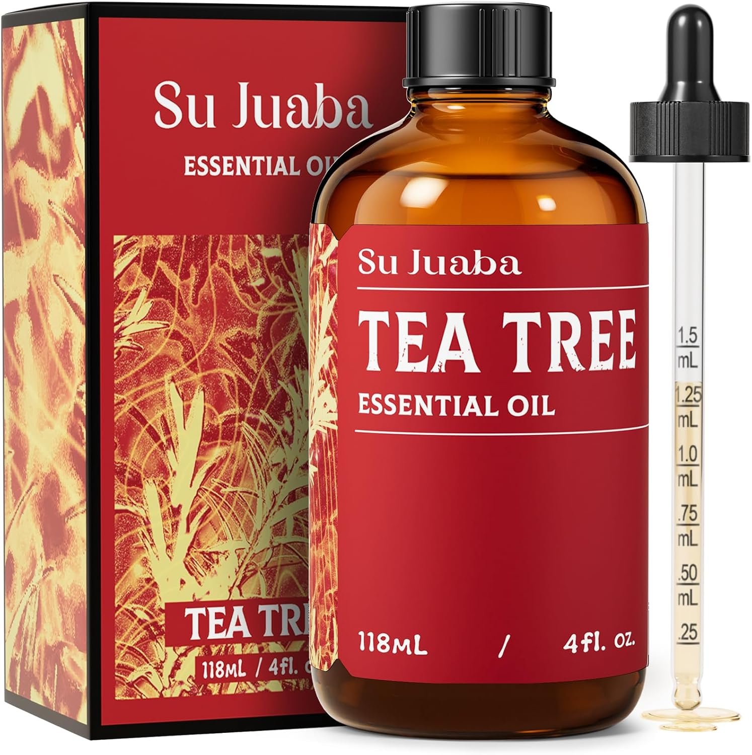 SU JUABA 4 Fl Oz Tea Tree Essential Oil, 100% Natural Aromatherapy Oil for Toenail, Skin, Face, Hair, Shampoo – 118ML
