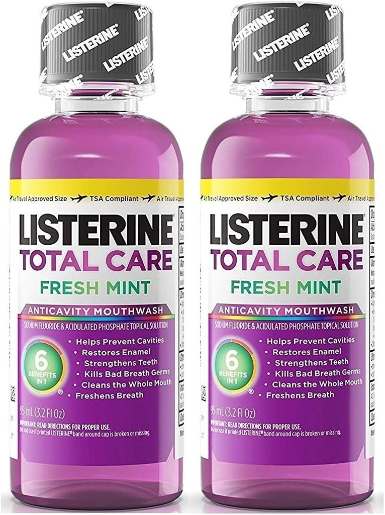 Listerine Total Care Fresh Mint Antiseptic Mouthwash, Travel Size 3.2 Ounces (95ml) – Pack of 2