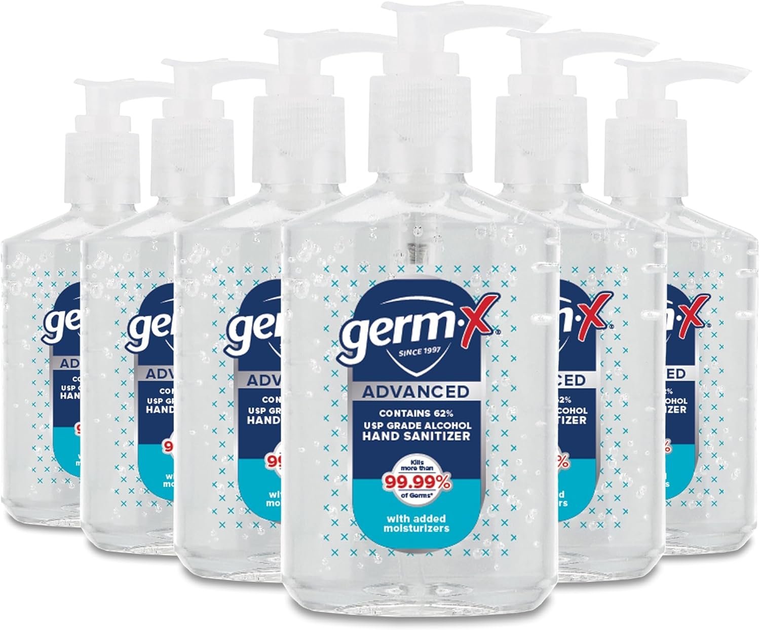 Germ-X Advanced Hand Sanitizer, 8 Fl Oz (Pack of 6), Less Drying Moisturizing Clear Gel, No Rinse Formula, Pump Bottle