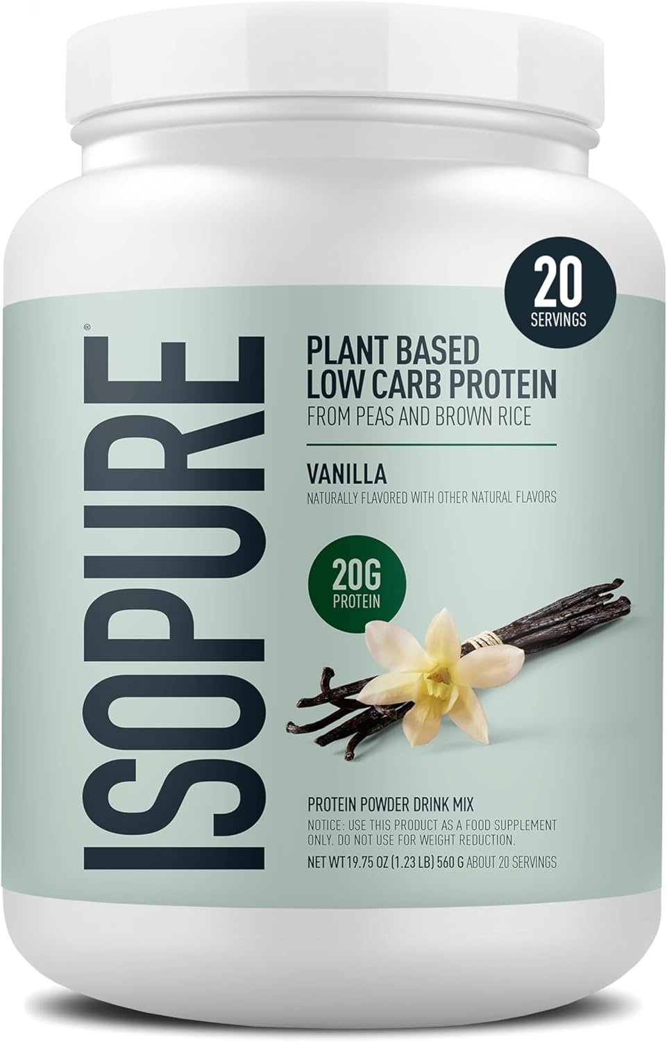 Isopure Plant-Based Protein Powder, Lactose Free, Gluten Free, With Iron, Vanilla, 20g Plant Protein Per Serving, 1.23 Lbs, 20 Servings