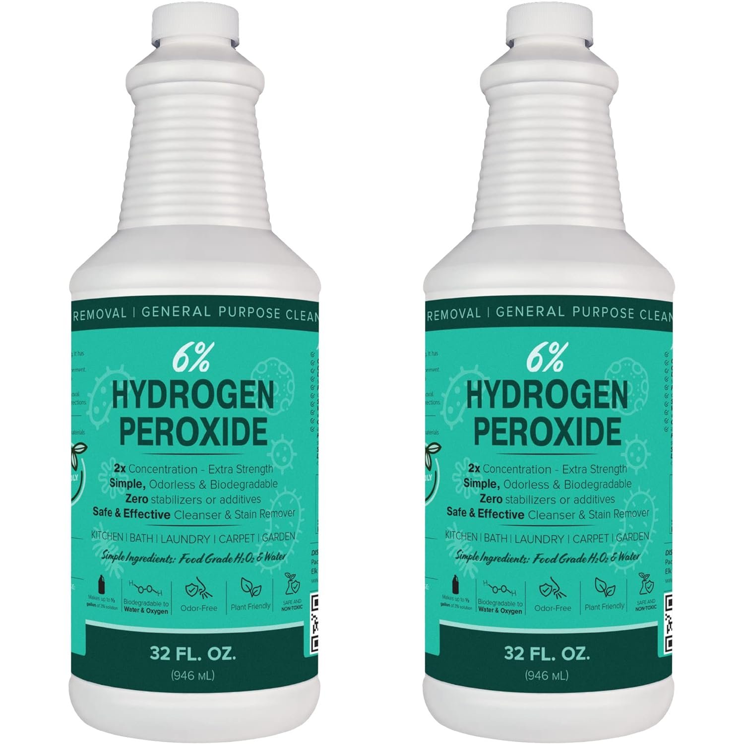 MAXTITE 6% Hydrogen Peroxide (32 Fl Oz, 2 Pack) – Just Food-Grade H2O2 & Water – Ecofriendly Natural Cleaning Solution – Home/Commercial – Kitchen, Bath, Laundry & More – Child-Safe Cap – Made in USA