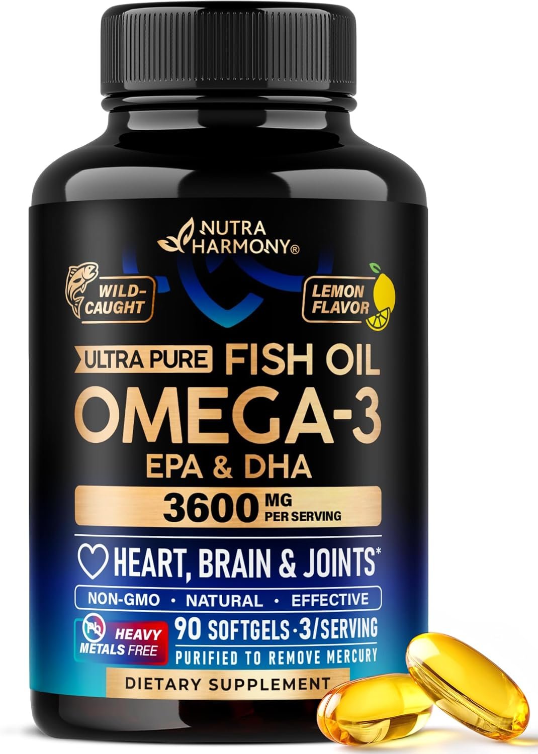 Omega 3 Fish Oil 3600 mg – Omega 3 Supplement | EPA & DHA – Heavy Metals Free – Heart, Brain & Joint Support – Purified Fish Oil for Men & Women – Lemon Flavored – Made in USA, 90 Softgels