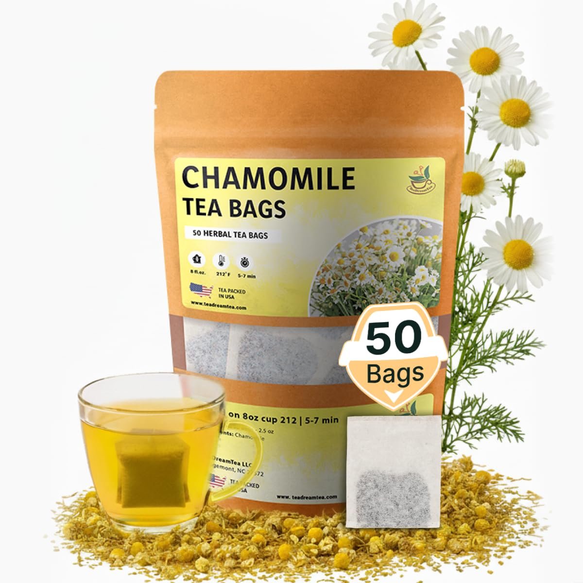 Chamomile Tea Bags – 50 Bags (Premium Natural Pure Leaf Tea – 50 Count) Gluten-Free and Caffeine-Free Herbal tea for Relaxation, Wallness, Immune Support with Smooth Taste
