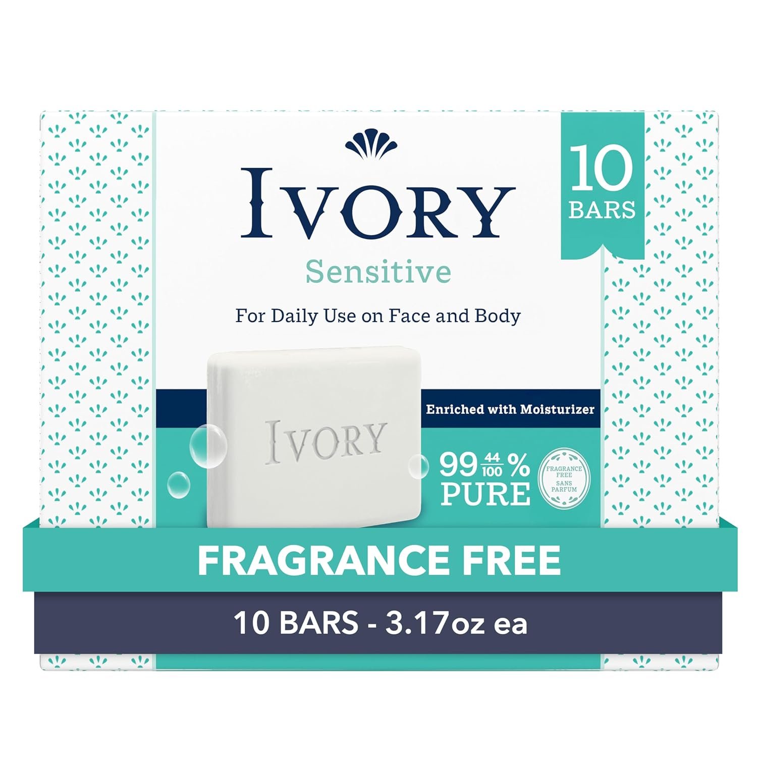 Ivory Sensitive Bar Soap, Designed for Whole Family, Fragrance Free, 99.44% Pure Formula, Plant-Based Cleanser, Made Without Heavy Perfume, Parabens, Phthalates, For All Skin Types, 3.17 oz (10 Count)
