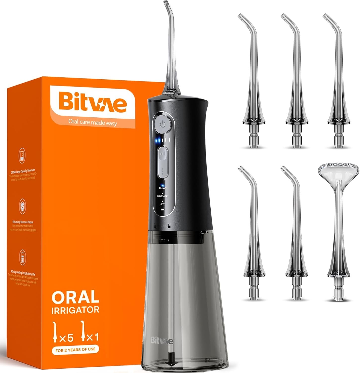 Bitvae Water Dental Flosser for Teeth, Cordless Water Teeth Cleaner Picks, 3 Modes 5 Intensities, IPX7 Waterproof, Rechargeable Water Dental Picks for Cleaning – Black