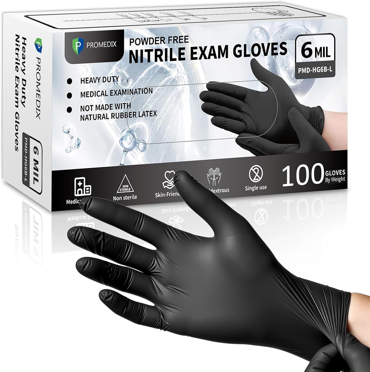 PROMEDIX P Black Disposable Nitrile Gloves, 6Mil 100 Pcs Food Safe Cooking Gloves Latex Free Rubber Gloves for Cleaning Exam