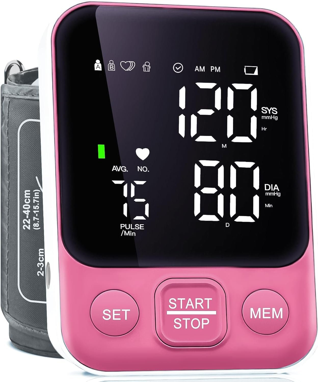 Blood Pressure Monitor Upper Arm Monitors for Home Use BP Machine with 2×120 Reading Memory Adjustable Arm Cuff 8.7″-15.7″ Large Display with LED Background Light Storage Bag Pink