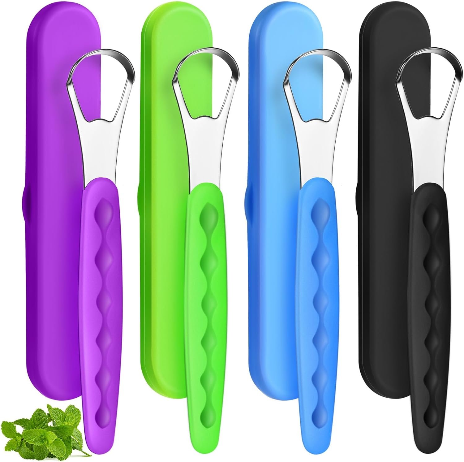 4 Pcs Tongue Scraper Cleaner Adults and Kids Stainless Steel Tongue Brush Metal Scraper Reduce Bad Breath with Travel Cases for Men Women Oral Mouth(Green, Blue, Black and Purple)