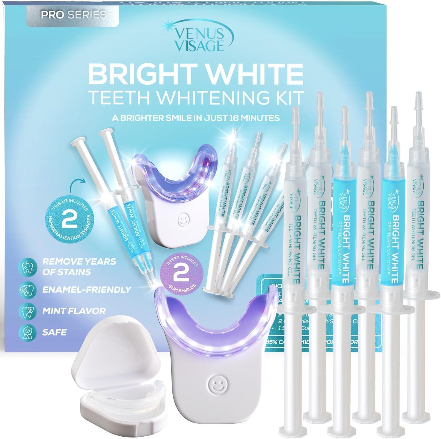 Venus Visage LED Teeth Whitening Kit with 4X 35% Carbamide Peroxide Teeth Whitening Gel Syringes, 2X Remineralization Gel Syringes, Whitener Trays, LED Whitener Device & Shade Guide