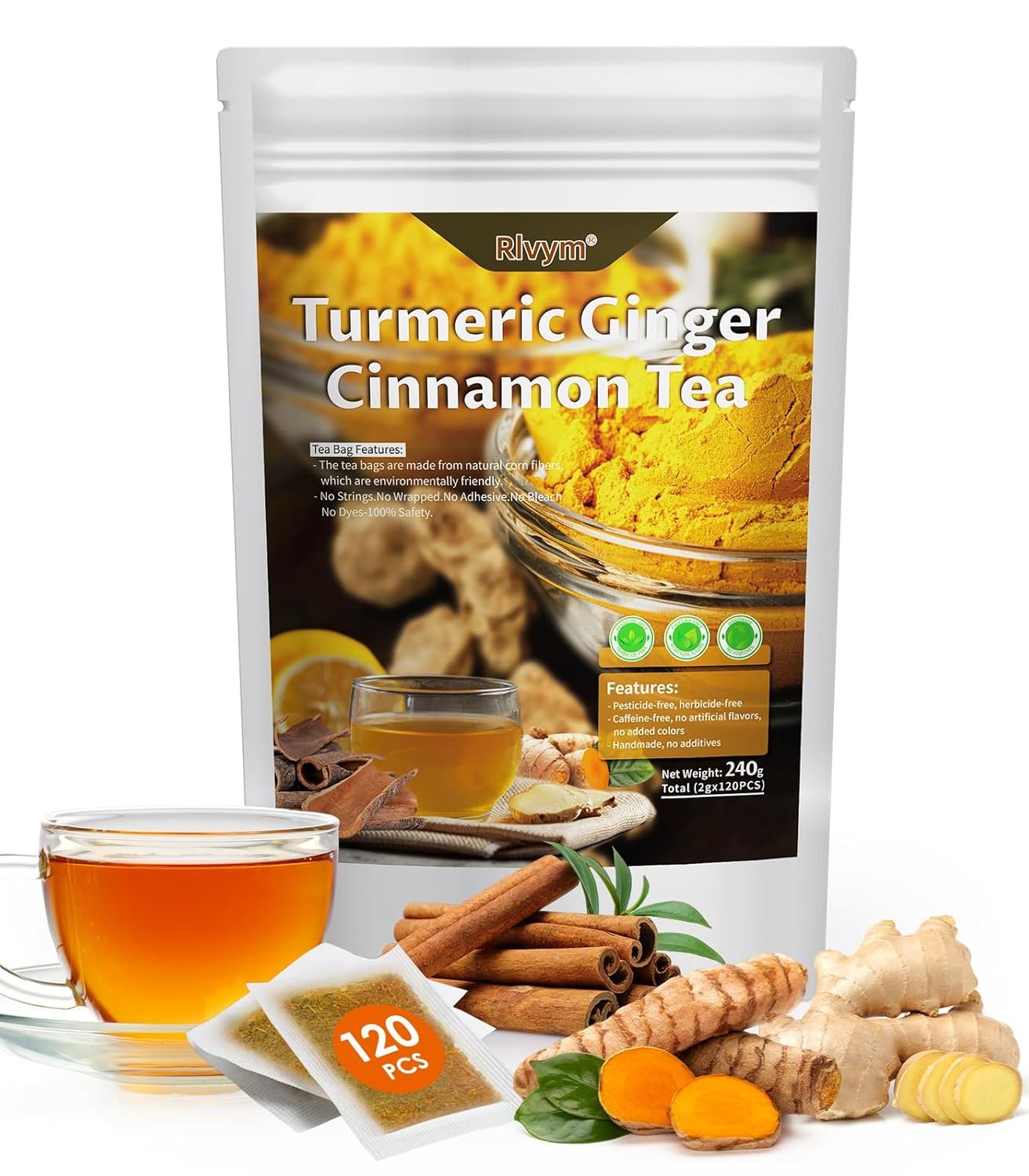 120 Bags Turmeric Ginger Cinnamon Tea, Natural Turmeric Herbal Tea, Improve Digestion, Support Skin, Sleep, Eco-Conscious Teabags, No Sugar, No Caffeine, No Gluten(120pcs, 240g)